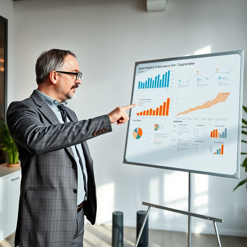 A photorealistic image of a strategist pointing at a whiteboard with business data. A professional environment with high-quality charts and graphs showing growth and success. The individual is wearing professional attire, exuding confidence. Natural lighting, camera angle focusing on whiteboard and speaker. Style: Modern business, professional consulting. Resolution: 4K.