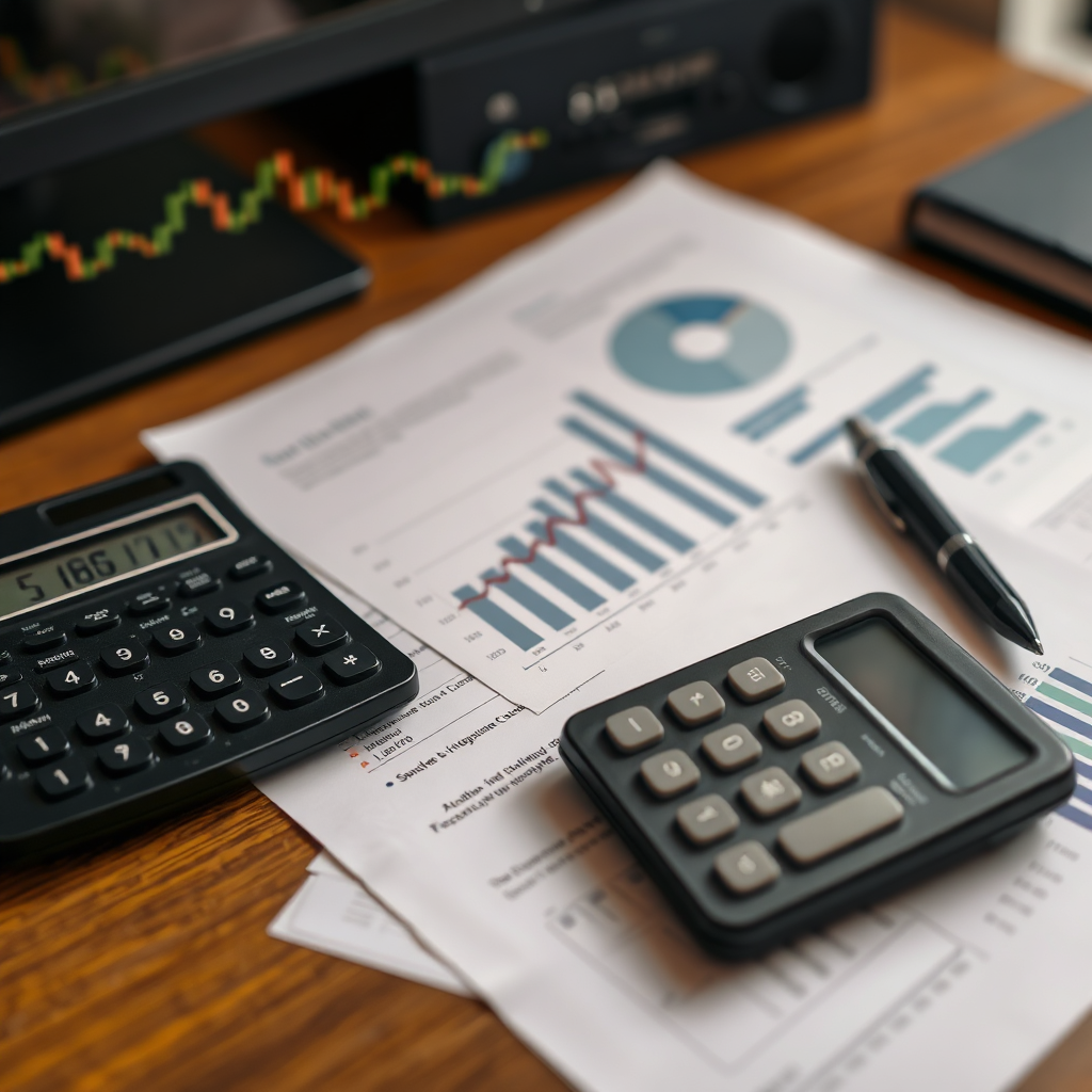 A photorealistic image of financial documents, charts, and a calculator neatly arranged on a desk. Add a subtle stock ticker running along the top of the image to signify the financial advisory aspect. Warm lighting. Professional environment. Resolution: 4K.