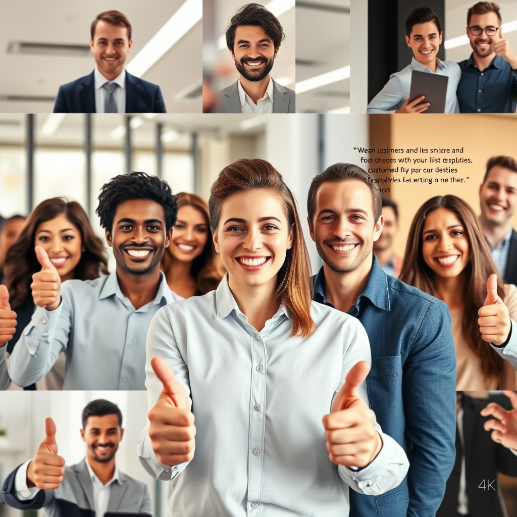 A photorealistic image showcasing positive customer testimonials. A collage of happy customers smiling and giving thumbs-up. The background includes a modern office setting. Use warm, inviting colors. Camera angle: Medium shot, focusing on facial expressions. Style: Corporate photography. Resolution: 4K.