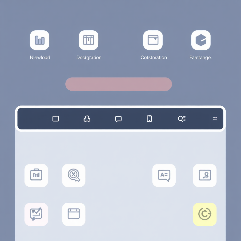 A stylized illustration of a website navigation bar. The design should be clean and user-friendly, with clear labels and intuitive icons. Use a limited color palette to maintain a consistent look. Camera angle: Overhead view, showcasing the structure. Style: Flat design, minimalist. Resolution: 4K.