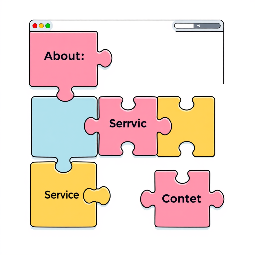 A stylized illustration showing interconnected website sections, including 'About Us', 'Services', and 'Contact'. The sections are represented as puzzle pieces fitting together seamlessly. Use a cohesive color palette. Camera angle: Straight-on view. Style: Flat design, minimalist. Resolution: 4K.