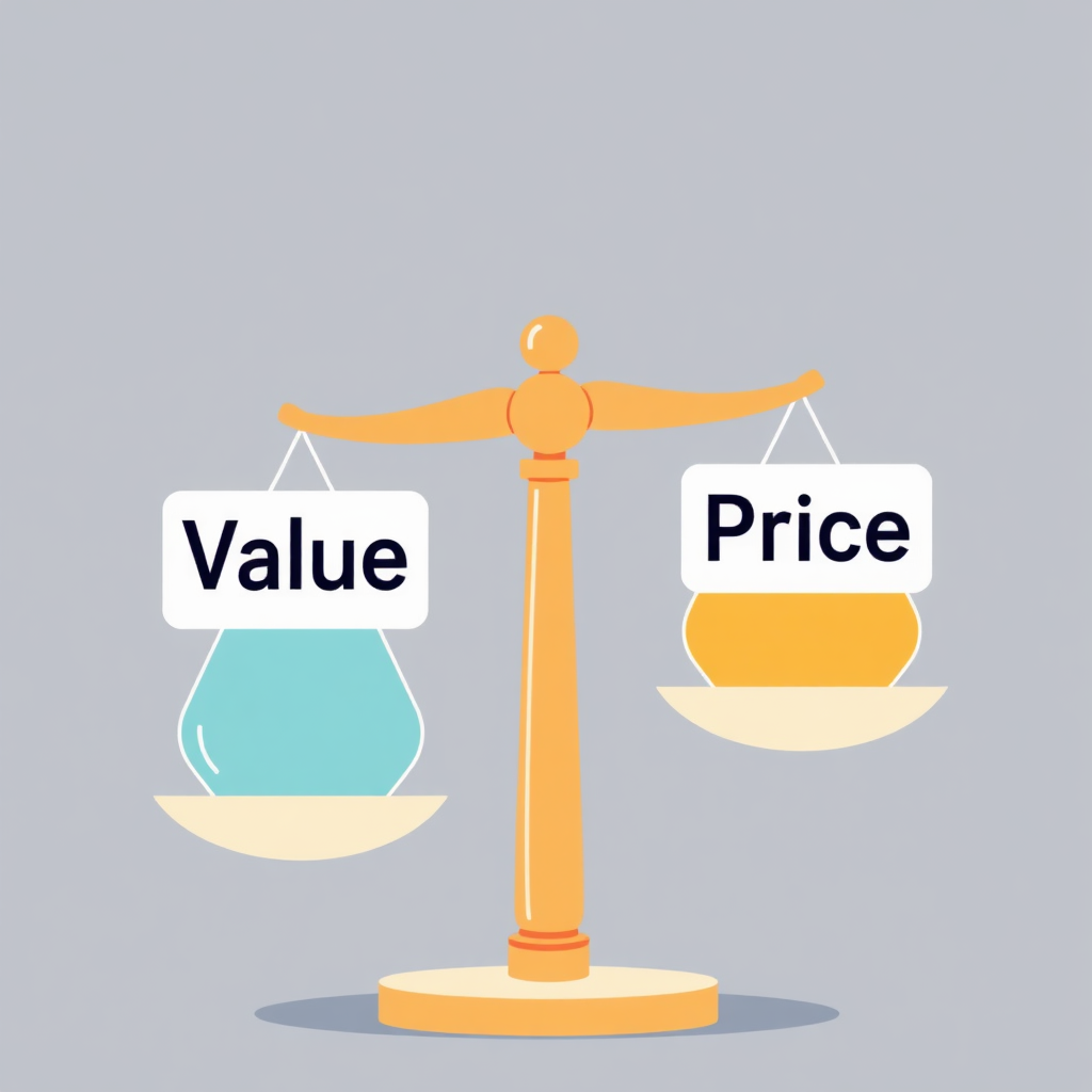 A stylized illustration showing scales balanced with value on one side and price on the other. The 'value' side outweighs the 'price' side, symbolizing a strong value proposition. Use a clean, modern design. Camera angle: Straight-on view. Style: Infographic illustration. Resolution: 4K.