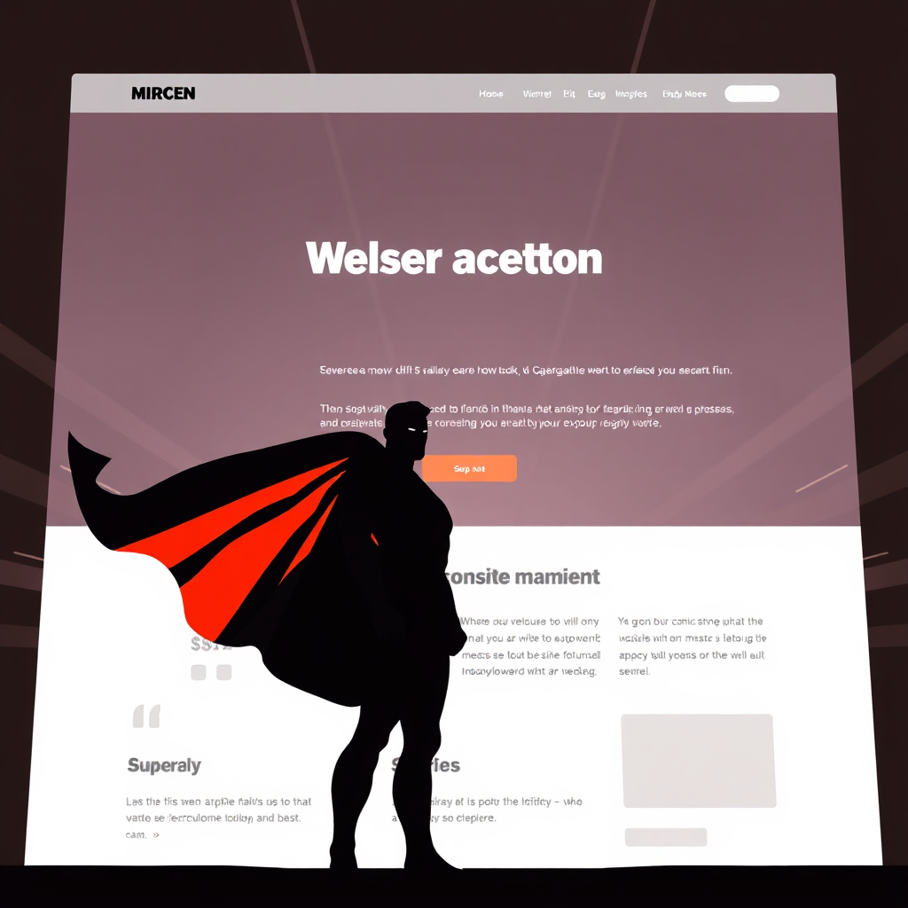 A stylized image featuring a superhero silhouette standing in front of a website hero section. The superhero represents the power of a well-designed hero section. Use a bold and dynamic color palette. Camera angle: Low-angle shot. Style: Graphic design, comic book style. Resolution: 4K.