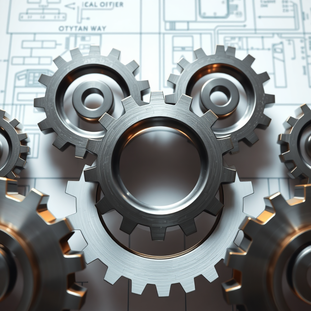 A stylized visual representing process optimization using interconnected gears turning smoothly together. The gears should be made of sleek metal. The background contains a blueprint-style layout. Clean, modern style. Lighting highlights the gears and connections. Resolution: 4K.