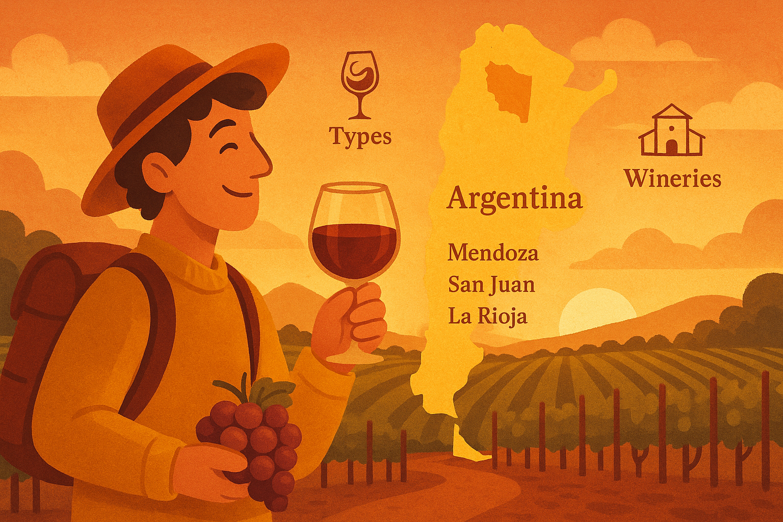 Photorealistic image of a person typing into a search bar on the 'Аргентинское вина' website. The search bar is elegantly designed and placed within the header. As the person types, a dropdown menu appears with suggestions related to Argentine wines, regions, and grapes. The background shows blurred images of wine bottles and vineyards, creating a sense of discovery. Focus on the user's hand and the search bar, highlighting the ease of use. Warm, inviting lighting.