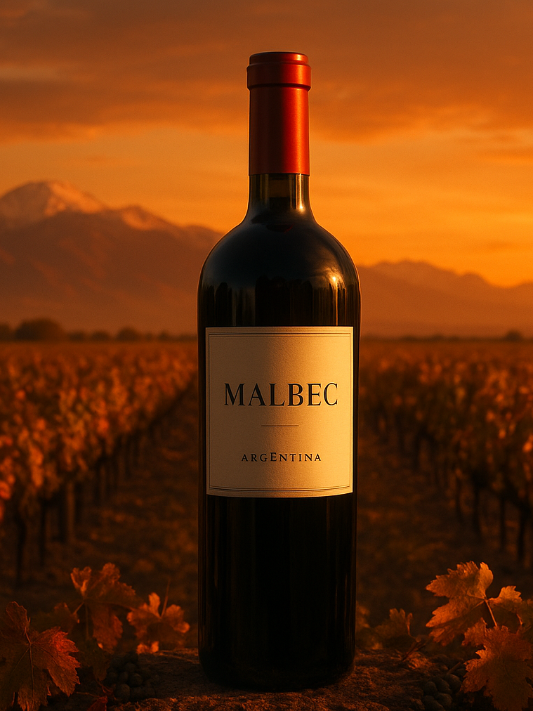 Photorealistic close-up of a sleek website header featuring the 'Аргентинское вина' logo, elegantly designed with a modern font. The logo incorporates a stylized silhouette of the Andes mountains and a wine glass. A clean, minimalist menu with options like 'Types,' 'Regions,' and 'Grapes' is visible. A subtle search bar is placed discreetly in the corner. The background is a blurred vineyard scene at sunset, creating a warm and inviting feel. Golden hour lighting.