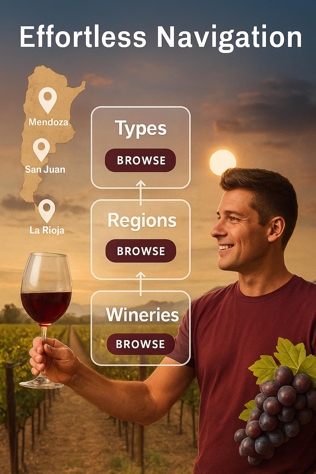 Stylized illustration of a user journey through the website, starting from the header and branching out into different sections based on the menu options. The header features the 'Аргентинское вина' logo. Arrows indicate clear pathways to 'Wine Types,' 'Wine Regions,' and 'Wine Grapes'. Each path leads to beautifully designed sections with relevant information. The overall design is clean and modern, emphasizing usability. Soft, pastel color palette.