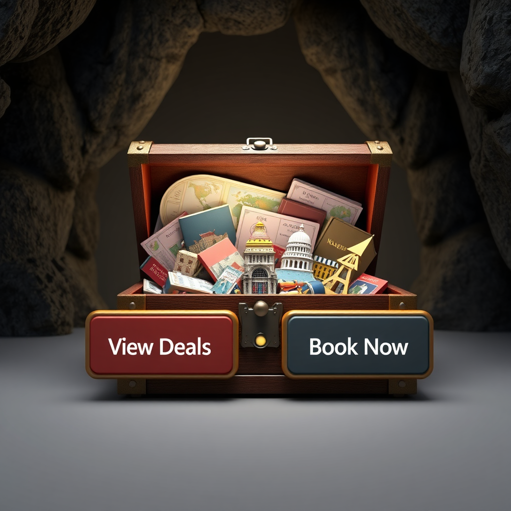 A 3D rendering of a treasure chest overflowing with travel-related items: maps, passports, tickets, and miniature landmarks. The chest is partially open, revealing a bright glow emanating from within. Two prominent call-to-action buttons, labeled 'View Deals' and 'Book Now,' are positioned in front of the chest. The background is a dark, mysterious cave. The lighting is dramatic and focused, with a strong contrast between light and shadow. Render in high resolution with detailed textures on the chest and its contents.