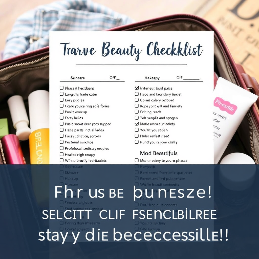 A beautifully designed printable travel beauty checklist featuring a list of essential products, organized by category (skincare, makeup, haircare). The checklist is visually appealing and easy to read. The background is a suitcase packed with travel-sized beauty products, suggesting the convenience of the checklist. The overall message is one of preparation and staying beautiful while traveling.