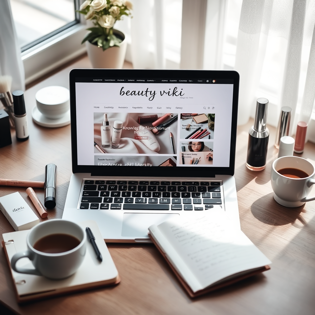 A beautifully styled desk setting with a laptop open to the Beauty viki blog. Around the laptop, arrange various beauty products, a notebook with handwritten notes, and a cup of coffee. Soft, natural lighting fills the scene, creating a warm and inviting atmosphere. The focus should be on the laptop screen, showcasing the blog's layout and a captivating headline related to skincare or makeup. The overall impression should be one of knowledge, inspiration, and a love for all things beauty.