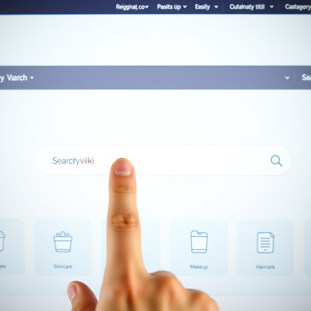 A clean and modern website interface displaying a prominent search bar and a visually appealing arrangement of category tags (e.g., 'Skincare,' 'Makeup,' 'Haircare'). The layout should be intuitive, with pastel color accents and easily recognizable icons representing each category. Close-up of a user's hand hovering over the search bar, ready to type in a query. The overall impression should be one of ease, efficiency, and a welcoming invitation to explore the Beauty viki site.