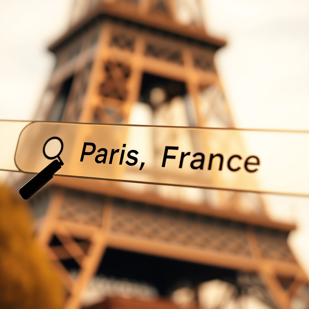 A close-up shot of a search bar with a magnifying glass icon. Inside the search bar, the words 'Paris, France' are partially typed. The background is a blurred image of the Eiffel Tower. The lighting is soft and natural, with a focus on the search bar. The color palette is warm and inviting, using shades of gold and sepia. Render in high resolution with sharp focus on the text and icon.