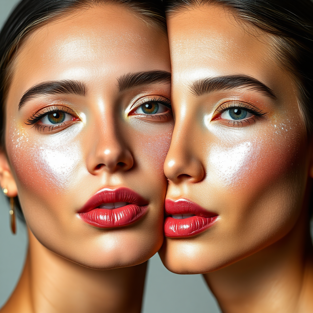 A close-up shot of KIKO MILANO highlighters being swatched on different skin tones, showcasing their shimmer and glow. Studio lighting to accurately capture the reflective qualities of the highlighters. The color palette focuses on the range of highlighter shades and their luminosity. The background is a neutral backdrop. High-resolution photography to capture the shimmer particles. 4K resolution.