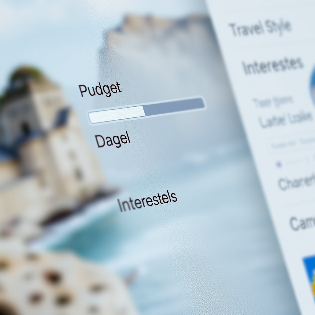 A close-up view of a filter sidebar on a travel website. The sidebar features options for budget (price slider), travel style (checkboxes), and interests (dropdown menus). The background is a blurred image of a travel destination. The lighting is soft and diffused, with a focus on the filter options. The color palette is muted and professional, using shades of gray and blue. Render in high resolution with clear text and smooth UI elements.