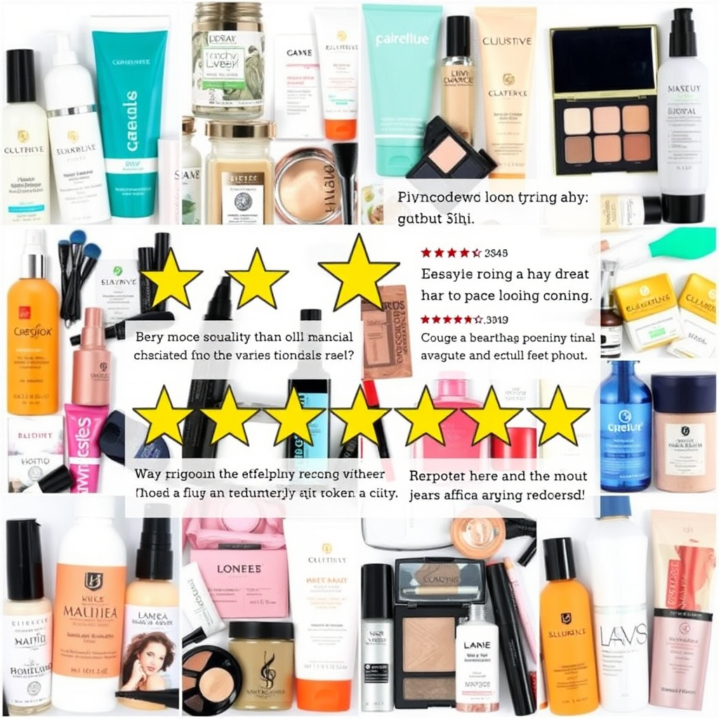 A collage of diverse beauty products (skincare, makeup, haircare) with overlaying star ratings and review snippets. The collage is visually appealing and features a mix of popular and niche products. The overall message is one of trustworthy and comprehensive product reviews.