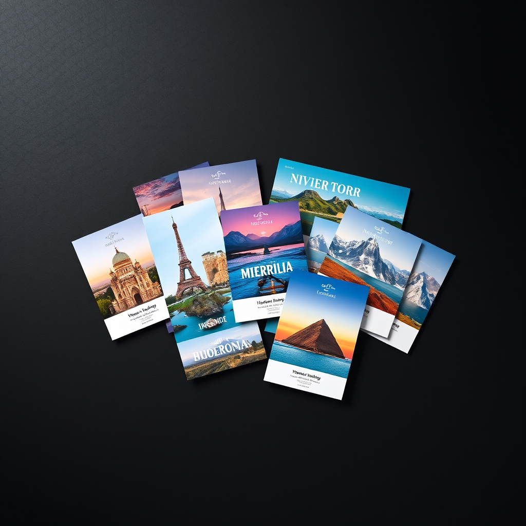 A collection of stylishly designed travel destination cards arranged in an overlapping layout. Each card showcases high-quality photography of iconic landmarks and landscapes. The cards use a variety of design elements such as typography, color overlays, and subtle animations to create visual interest. The background is a dark, textured surface to make the cards stand out. The lighting is dramatic with a focus on highlighting the cards' design. Render in high resolution to capture intricate details and vibrant colors.