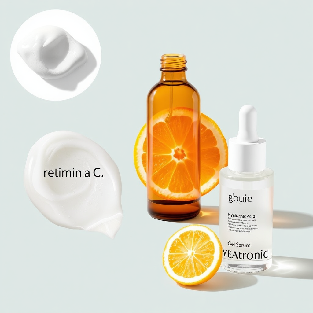 A collection of visually appealing images showcasing key skincare ingredients – retinol (in a sleek amber bottle), vitamin C (in a bright citrus fruit), and hyaluronic acid (in a clear gel serum). Each ingredient should be accompanied by subtle visual cues representing its benefits (e.g., a smooth, wrinkle-free surface for retinol). The background should be clean and minimalist, allowing the focus to remain on the ingredients and their properties. The overall impression should be informative and trustworthy.