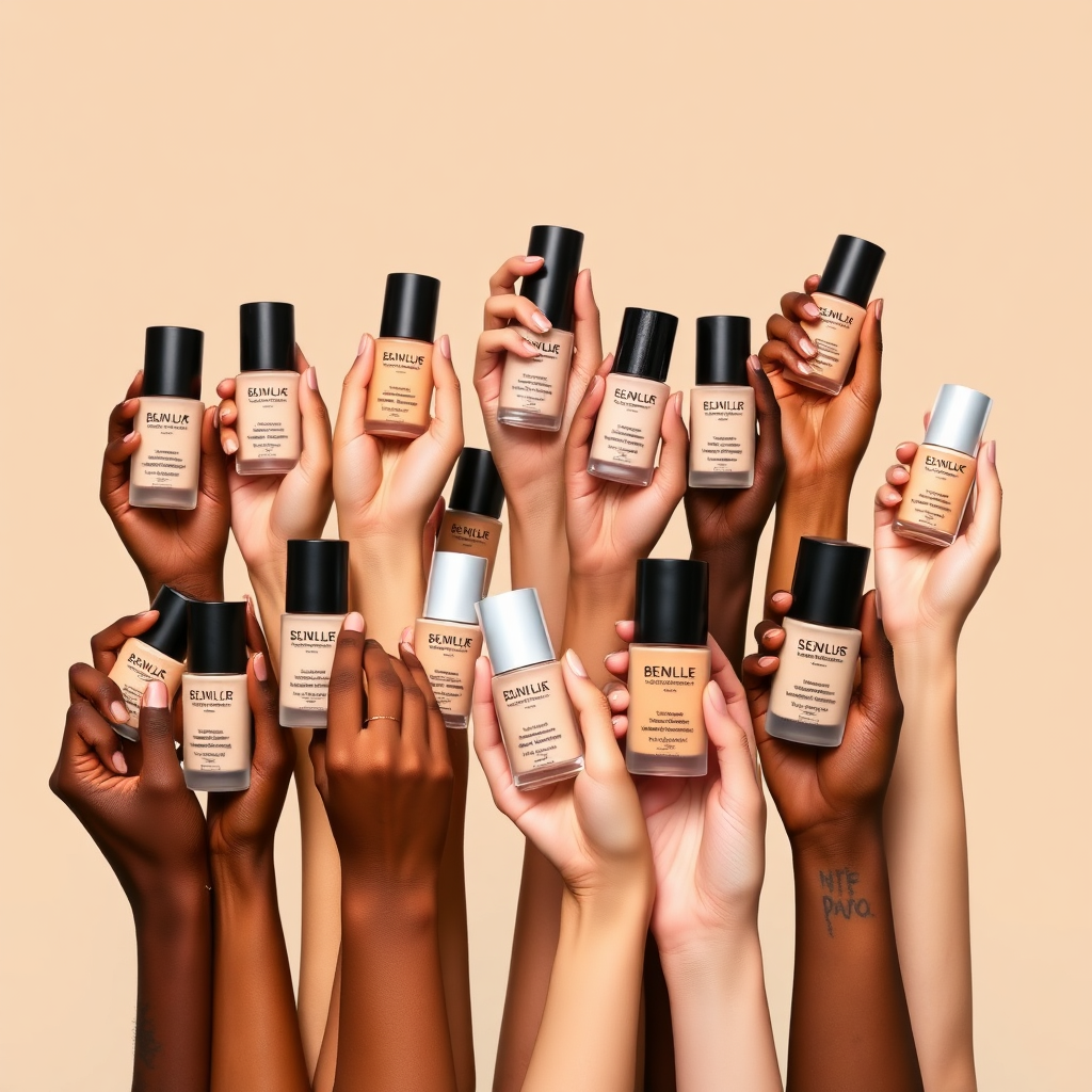 A diverse range of hands, each with a different skin tone, holding various foundation bottles. The foundation bottles are arranged in a gradient, showcasing the wide spectrum of shades available. The background is a clean, neutral color, allowing the focus to remain on the skin tones and the foundation shades. The overall message is one of inclusivity and finding the perfect match for every individual.