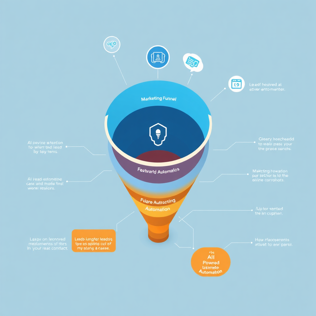 A dynamic visual representation of a marketing funnel, with leads flowing seamlessly through each stage. AI-powered automation symbols subtly highlight the key touchpoints where automation is applied. The color palette transitions from cool blues at the top to warm oranges at the bottom, symbolizing the conversion process. Data streams and connection lines visually represent the flow of information. Camera angle: overhead view, showcasing the entire funnel and its interconnected stages. Style: Clean, modern, infographic-inspired.