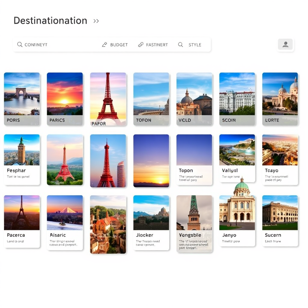 A grid layout of destination cards. Each card features a stunning photograph of a different location (e.g., Paris, Tokyo, Rome). Below each image, the destination name and a brief description are displayed. Above the grid, a filter bar with options for continent, budget, and travel style is visible. The background is a soft, neutral color. The lighting is bright and even, with a focus on the destination cards. Render in high resolution with sharp images and clear text.