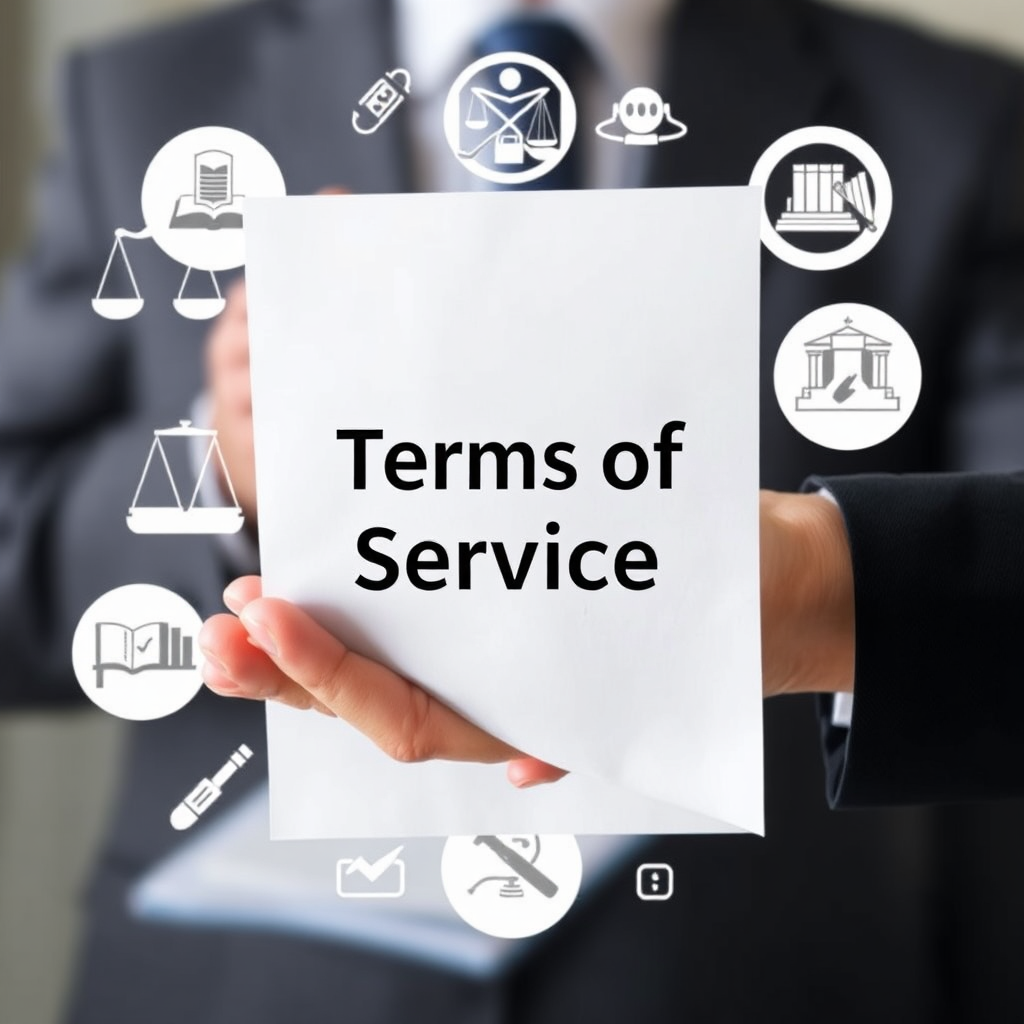 A hand holding a document with the words "Terms of Service" clearly visible. The document is surrounded by various legal symbols, suggesting the importance and binding nature of the agreement. The background is a professional and formal setting, emphasizing the seriousness of the terms. The overall message is one of transparency and ensuring users understand the legal framework of using the website.