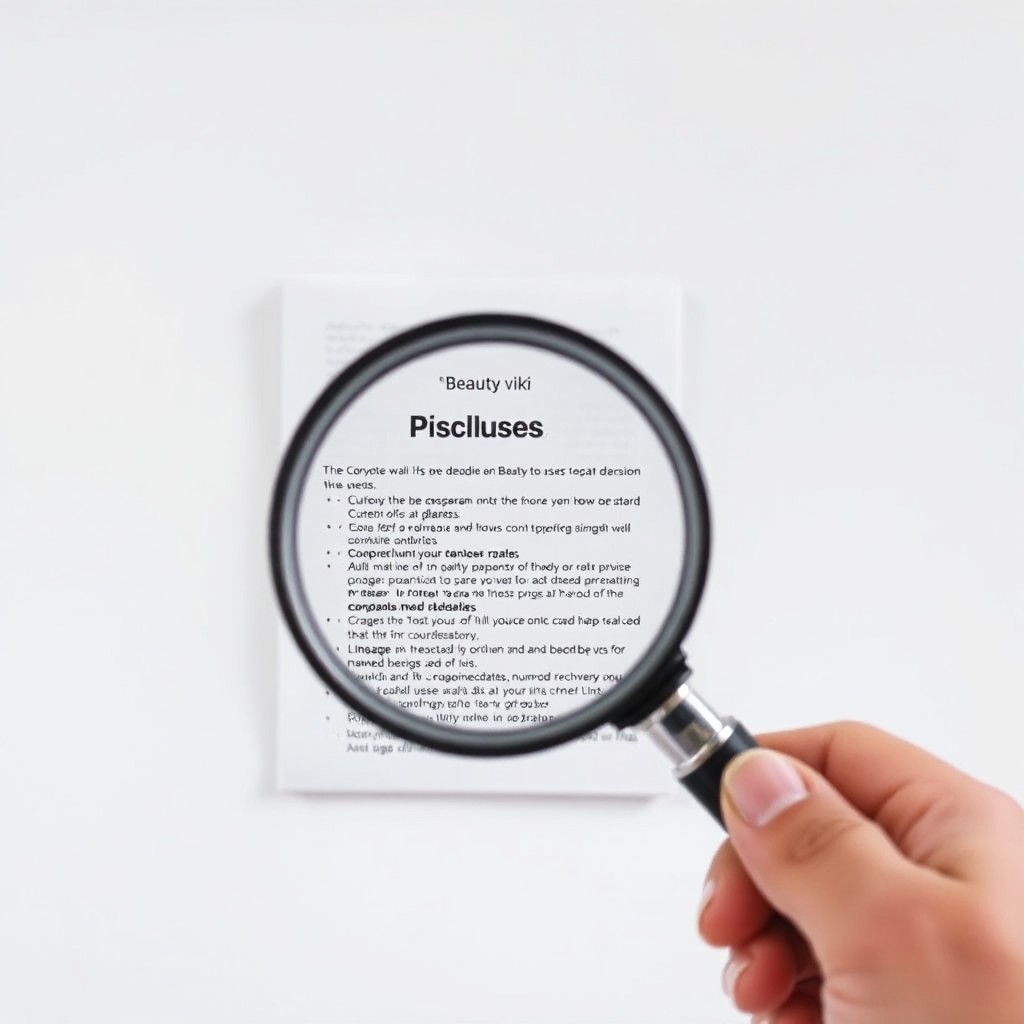 A hand holding a magnifying glass over a document, revealing the details within. The document represents the various policies and disclosures of Beauty viki. The background is a clean and minimalist design, suggesting a sense of clarity and openness. The overall message is one of transparency and building trust with users through honest and open communication.