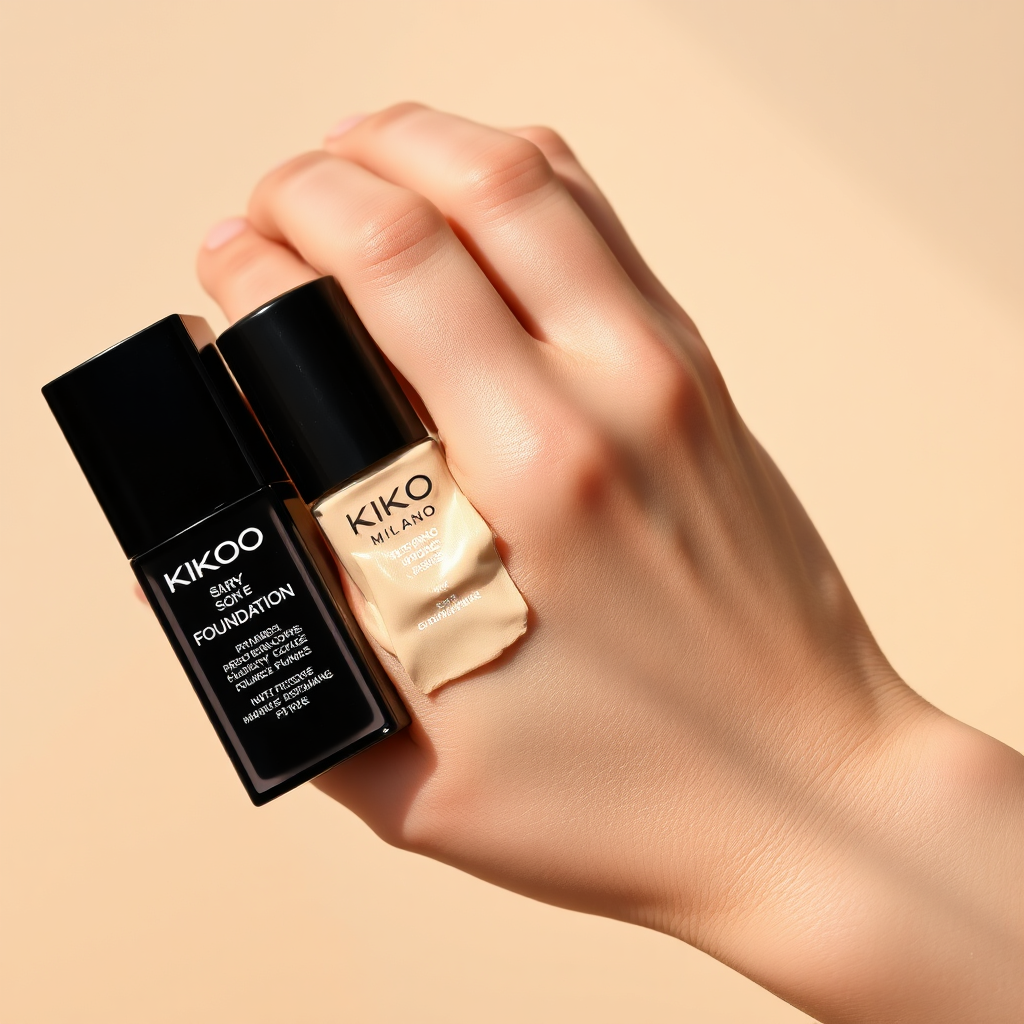 A hand swatching various KIKO MILANO foundations on different skin tones, showcasing the textures and finishes. Natural lighting is used to accurately represent the colors. The color palette focuses on skin tones and foundation shades. The background is neutral. High-quality photography with a focus on skin texture. 4K resolution.