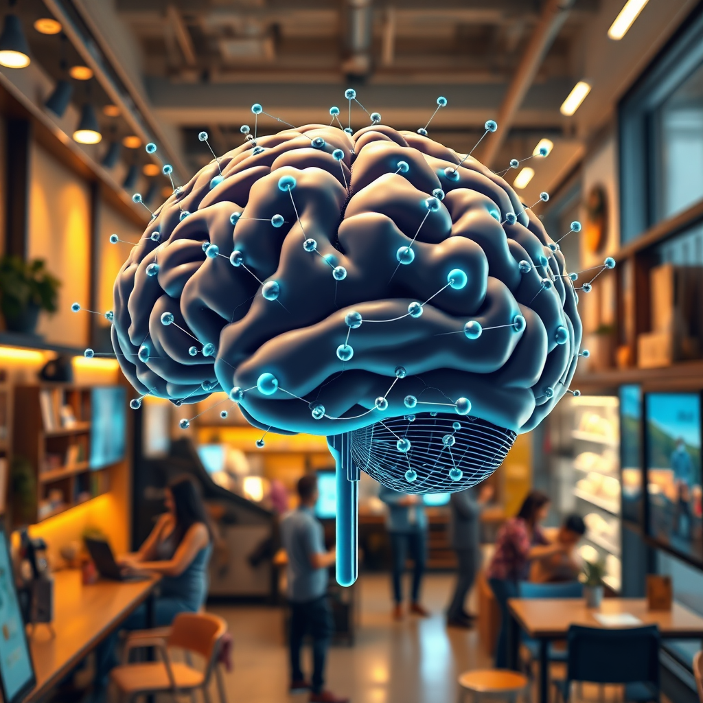 A high-quality 4K image depicting a stylized brain composed of interconnected nodes and circuits, representing artificial intelligence. The brain is superimposed over a thriving small business environment: bustling cafe, busy retail store, or a collaborative office space. Soft, warm lighting highlights the interconnectedness. The color palette should be a blend of cool blues and greens for AI, contrasted with warmer yellows and oranges for the business environment. Camera angle: Close-up on the AI brain, then pull back to reveal the business context. Textures: smooth, polished circuits, vibrant displays, and realistic textures of the business environment. Style: modern, minimalist, and slightly abstract. Include subtle visual cues like data streams and connection lines to further emphasize the link between AI and business growth.