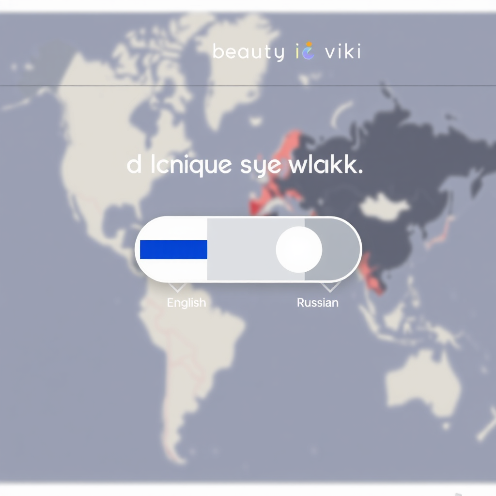 A language switcher icon on the Beauty viki website, allowing users to switch between English and Russian. The background is a world map, symbolizing the global reach of the website. The overall message is one of inclusivity and catering to a diverse audience.