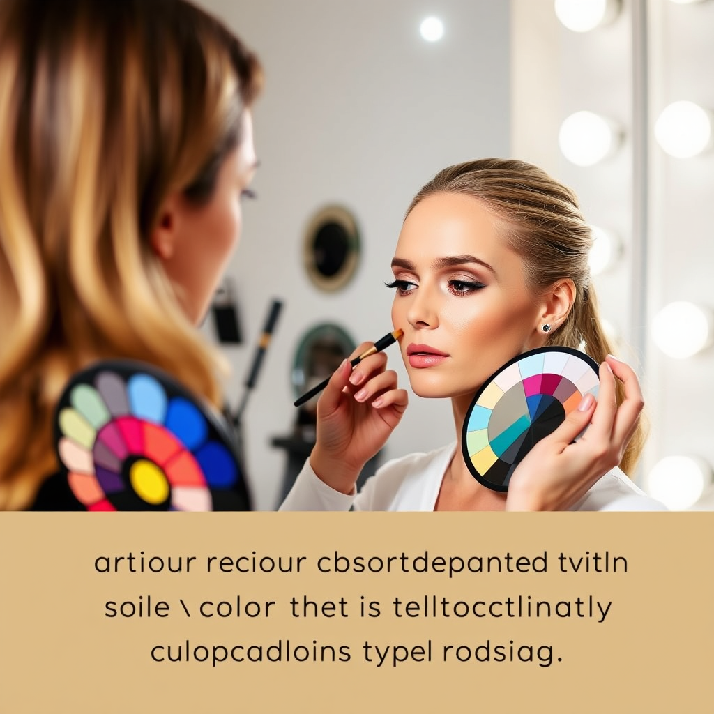A makeup artist carefully analyzing a model's skin tone and undertones. The makeup artist is holding a color wheel and using various makeup brushes to demonstrate different color matching techniques. The background is a professional makeup studio with soft, flattering lighting. The overall message is one of expertise and personalized advice, helping viewers understand the art of color matching.