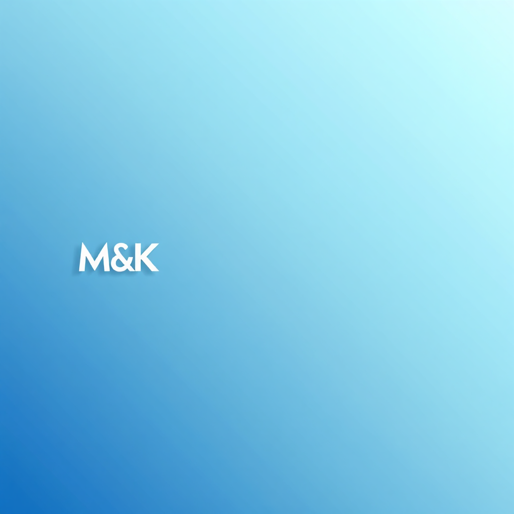 A minimalist website header design, showcasing a clean logo on the left, a streamlined navigation menu in the center, and a search bar with language selection dropdown on the right. The background is a soft gradient of blue and white, with subtle shadows to highlight the elements. The logo features stylized letterforms representing 'M&K'. Render in high resolution with vector graphics for crisp details.