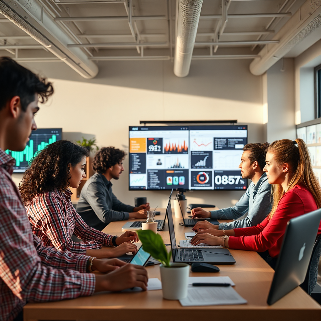 A modern, collaborative workspace where AI-powered tools are used to generate and distribute content. A diverse team of professionals interacts with the tools, reviewing and optimizing the content. Soft, natural lighting creates a comfortable and productive atmosphere. The color palette incorporates vibrant colors, reflecting the creativity and diversity of the content being created. The background features displays showcasing content analytics and performance metrics. Camera angle: wide-shot, capturing the entire workspace and the collaborative process. Style: Modern, collaborative, tech-driven.