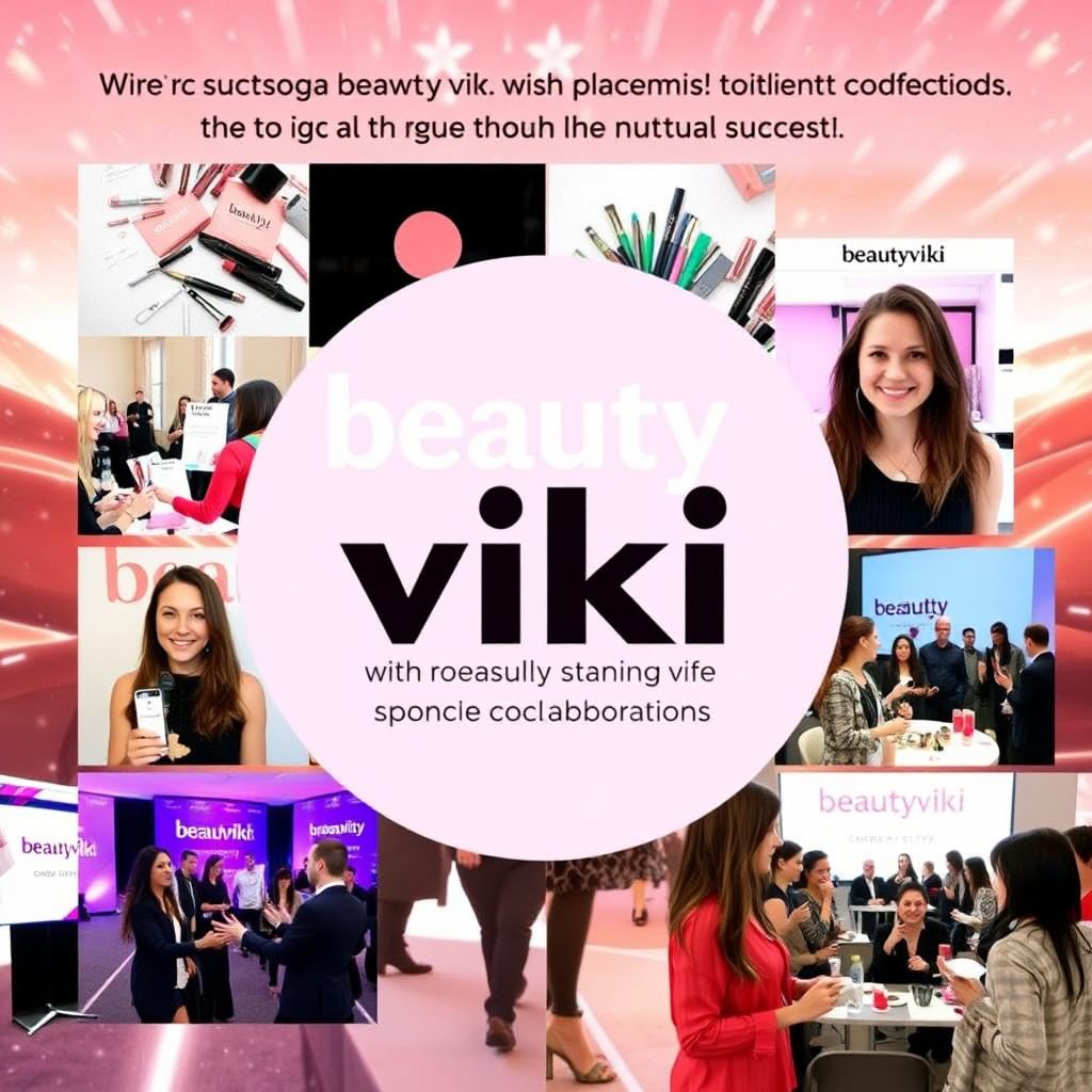 A montage of successful collaborations between Beauty viki and various beauty brands and influencers. The montage features images of product placements, sponsored content, and collaborative events. The background is a dynamic and energetic scene, suggesting the potential for growth and mutual success. The overall message is one of partnership and building strong relationships within the beauty industry.