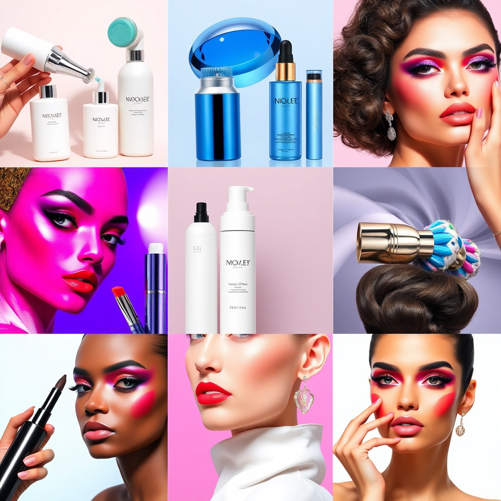 A montage of trending beauty products and techniques. Include images of innovative skincare tools, vibrant makeup looks, and stylish hairstyles. The montage should be dynamic and visually appealing, with a focus on capturing the energy and excitement of the beauty industry. Use bold colors, geometric patterns, and close-up shots of the products and techniques. The overall impression should be modern, futuristic, and highly engaging.