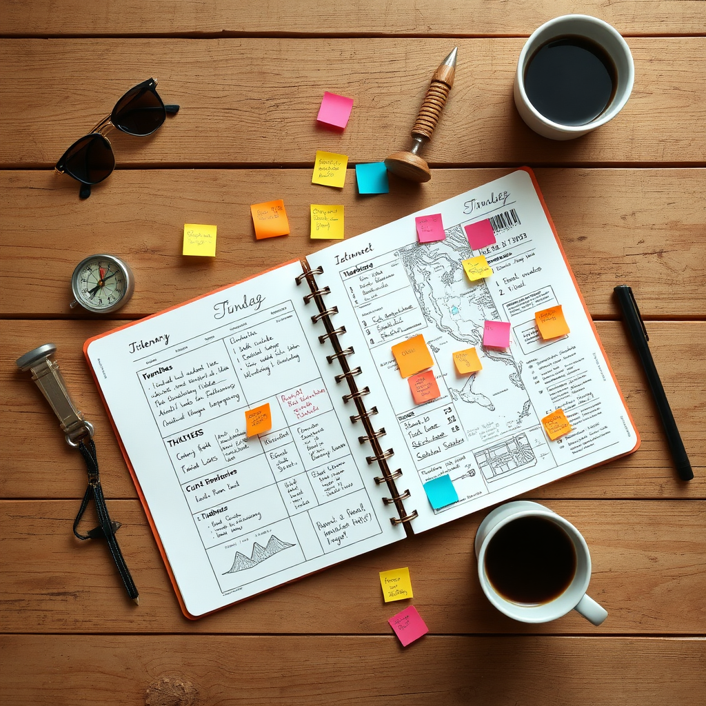 A neatly organized travel itinerary planner spread out on a wooden table. The planner includes handwritten notes, sketched maps, and colorful sticky notes marking key attractions and activities. Around the planner, travel-related items like a vintage compass, a pair of sunglasses, and a cup of coffee are scattered. The background is a rustic wooden surface with soft, natural lighting. The image evokes a sense of adventure and personalized travel planning. Render in high resolution with detailed textures and warm tones.