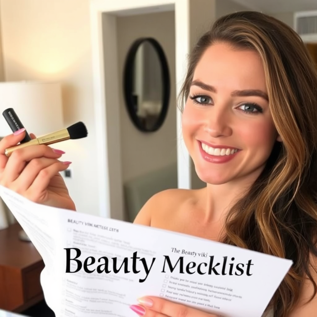 A person applying makeup in a hotel room while referencing the Beauty viki travel checklist. The person is smiling and confident, looking radiant despite being away from home. The overall message is one of maintaining your beauty routine and feeling confident while traveling.