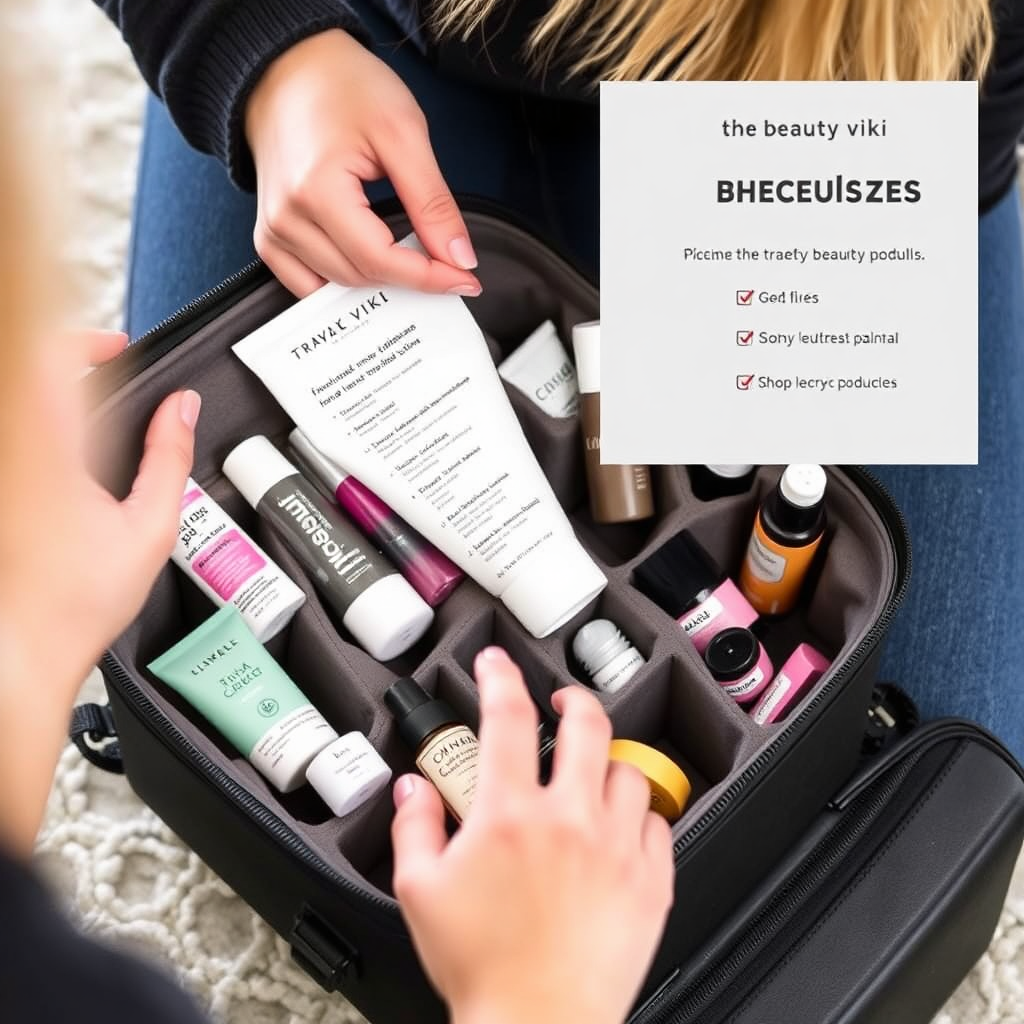 A person carefully packing travel-sized beauty products into an organized travel case, using the Beauty viki checklist as a guide. The travel case is neatly arranged with labeled compartments for each product category. The overall message is one of organization and efficient packing for travel.