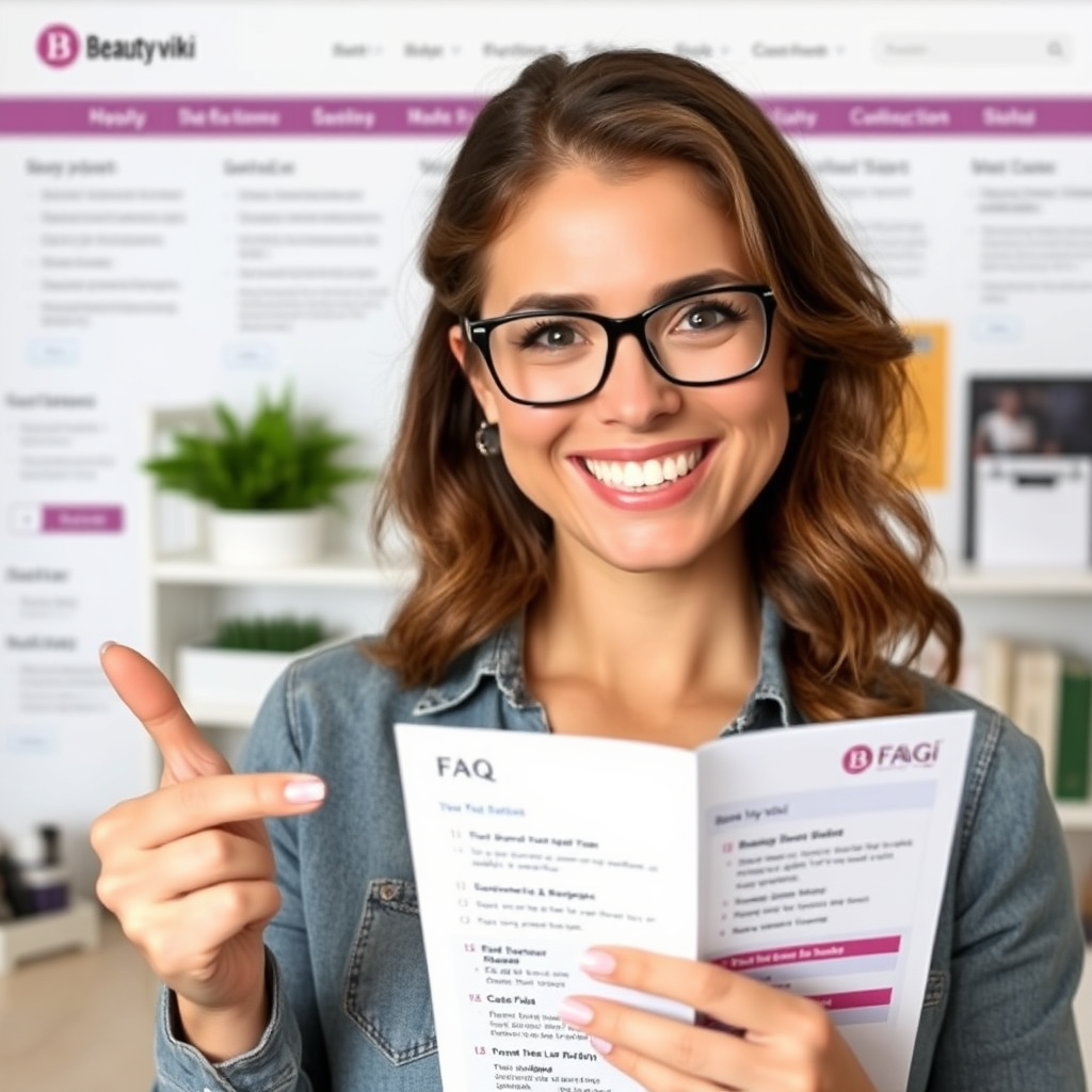 A person confidently navigating the Beauty viki website, using the FAQ section as a guide. The person is smiling and appears empowered by the information they are finding. The background is a supportive and informative environment, suggesting the comprehensive resources available on the website. The overall message is one of empowering viewers to become beauty experts through the accessible information provided by Beauty viki.