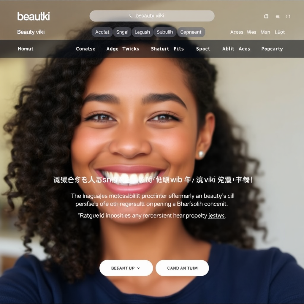 A person from a diverse background smiling and confidently using the Beauty viki website. The website features a clean and user-friendly design with accessibility features and language options. The overall message is one of inclusivity and providing a positive experience for all users, regardless of their abilities or language preference.