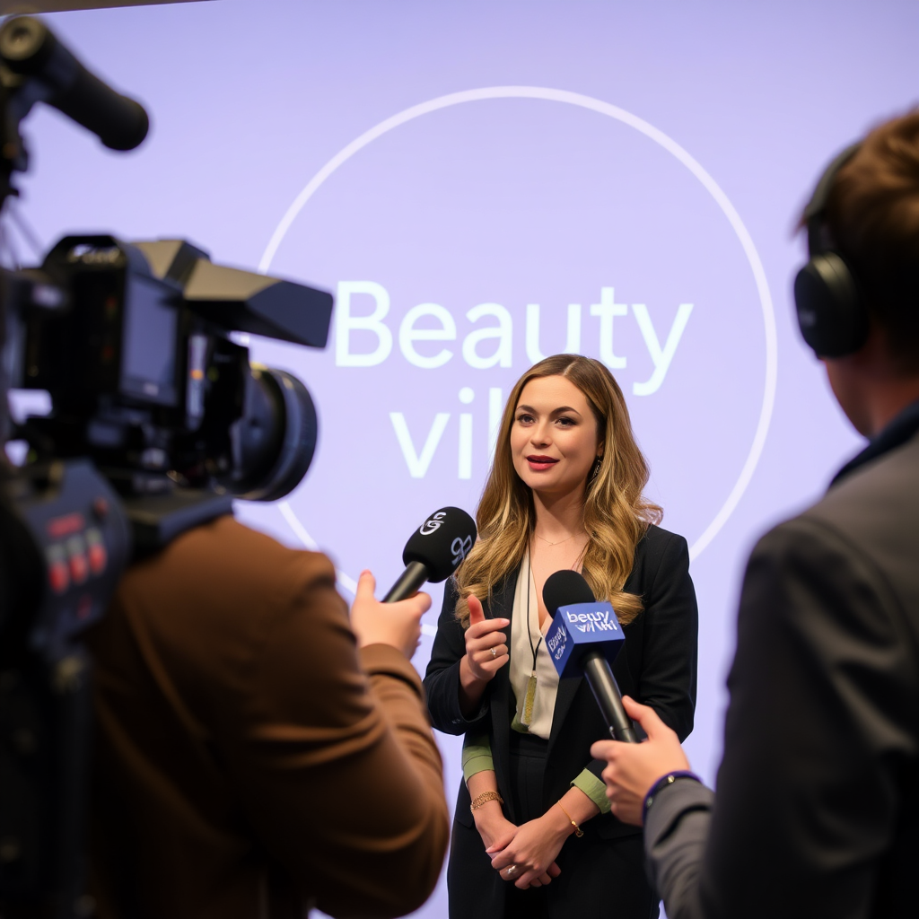 A person from the Beauty viki team being interviewed by a journalist. The interview is taking place in a professional setting with cameras and microphones. The background is a reputable media outlet's logo, suggesting the credibility and influence of Beauty viki within the beauty industry. The overall message is one of expertise and being a trusted source of information for the media.