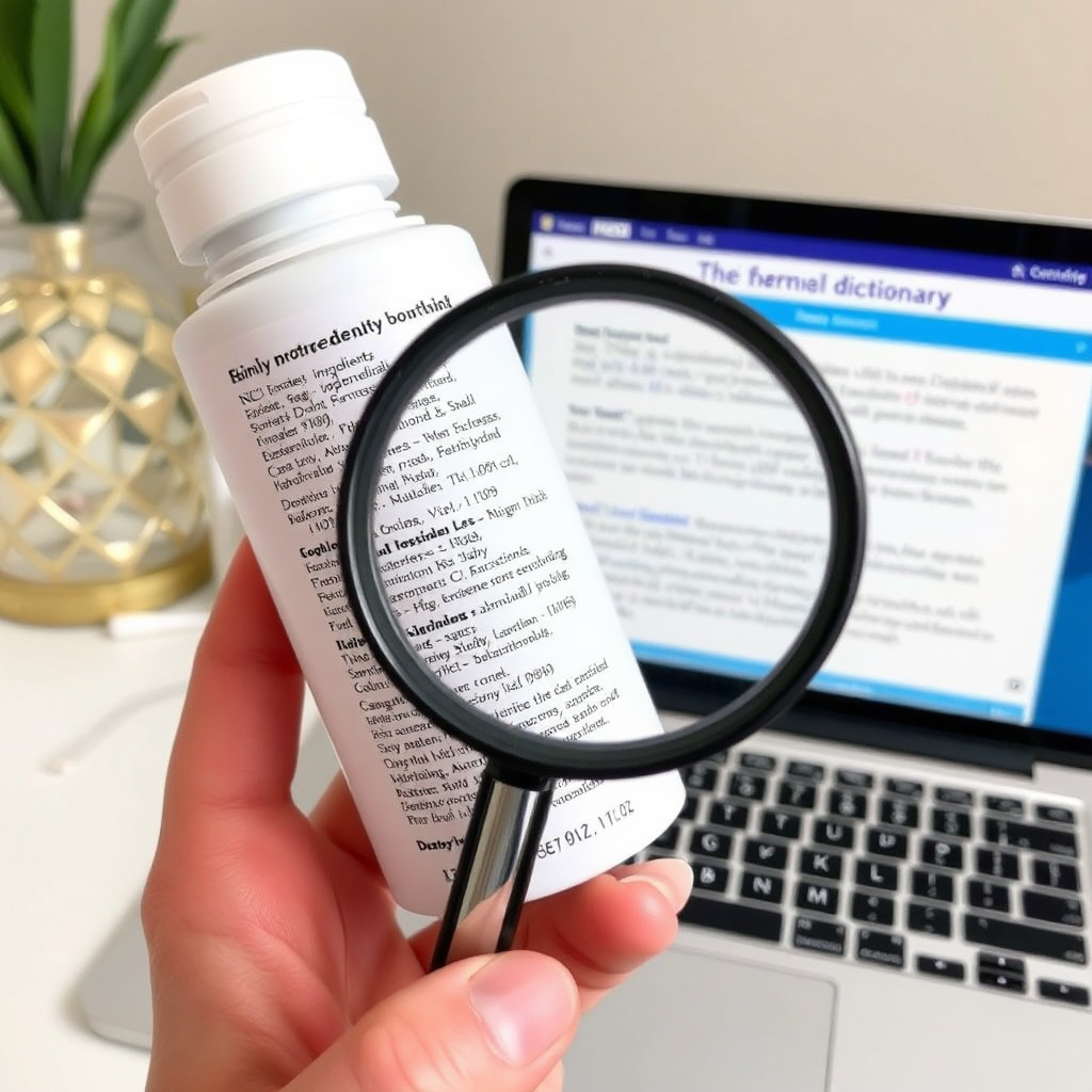 A person holding a beauty product with a complex INCI list on the label. A magnifying glass is hovering over the label, drawing attention to the list of ingredients. In the background, a laptop displays the Beauty viki ingredient dictionary, with a clear and concise explanation of one of the ingredients. The overall message is one of transparency and empowerment, helping consumers understand what they're putting on their skin.