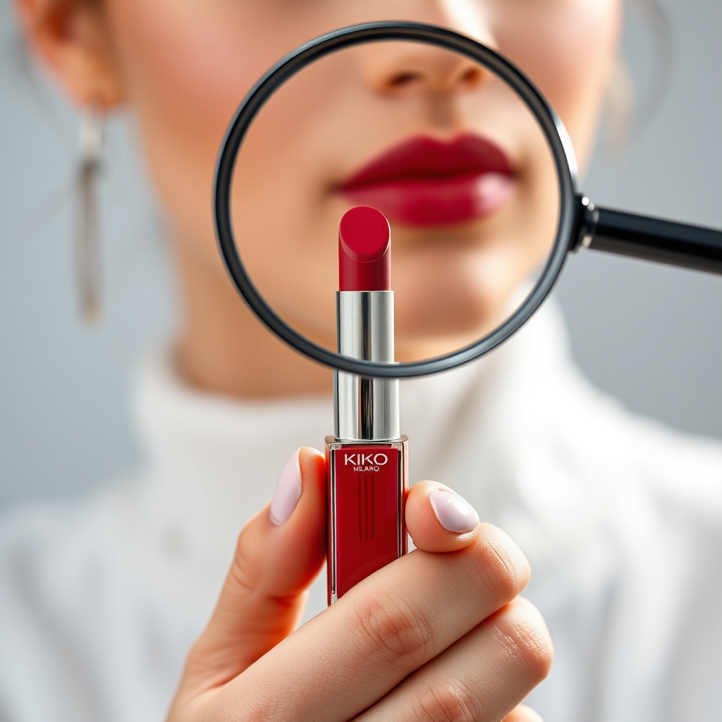 A person holding KIKO MILANO lipstick with a magnifying glass hovering over it. Studio lighting, product focus. 4K resolution.