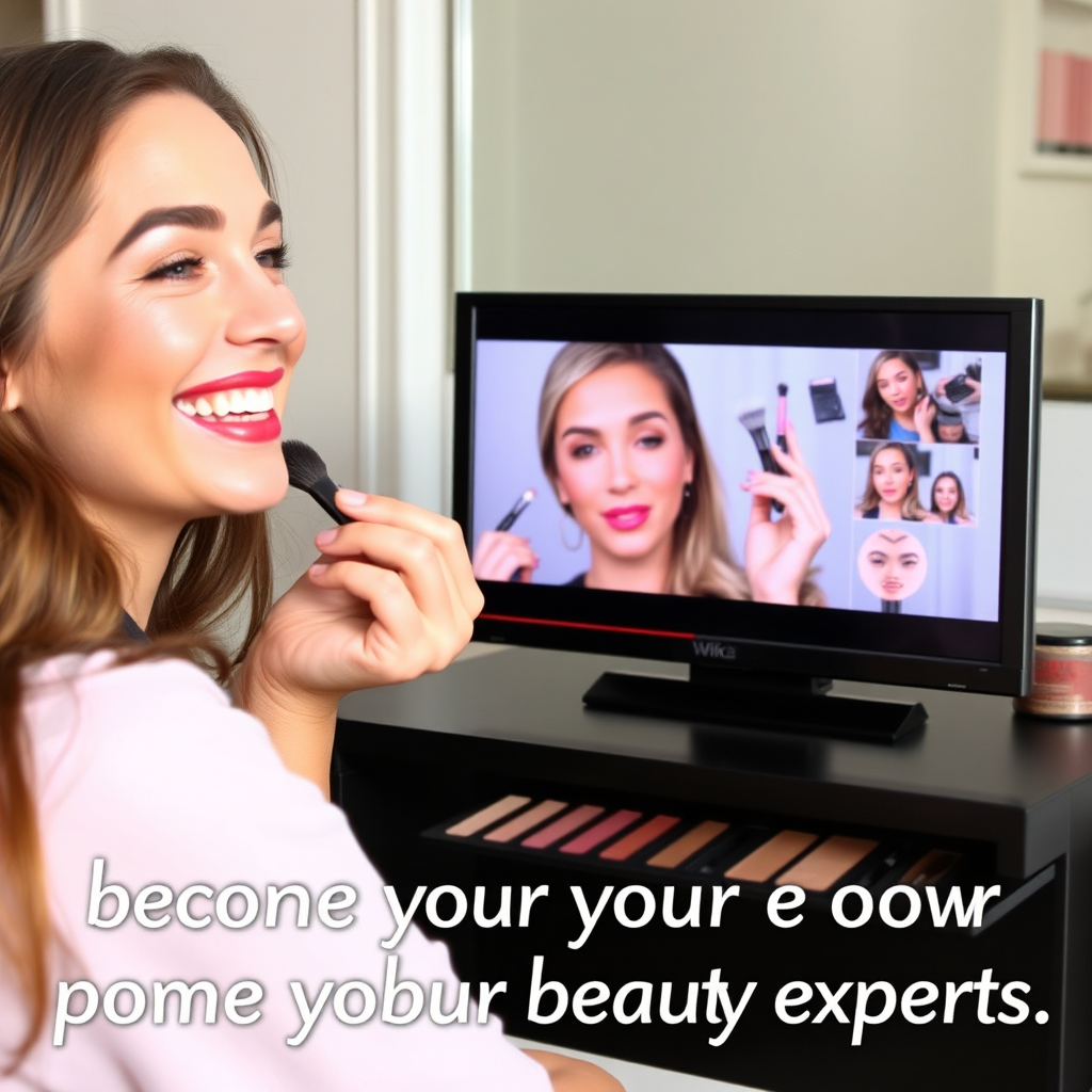 A person smiling confidently as they apply makeup while watching a Beauty viki video tutorial. The person is experimenting with different colors and techniques, expressing their individual style. The overall message is one of self-expression and empowering viewers to become their own beauty experts.