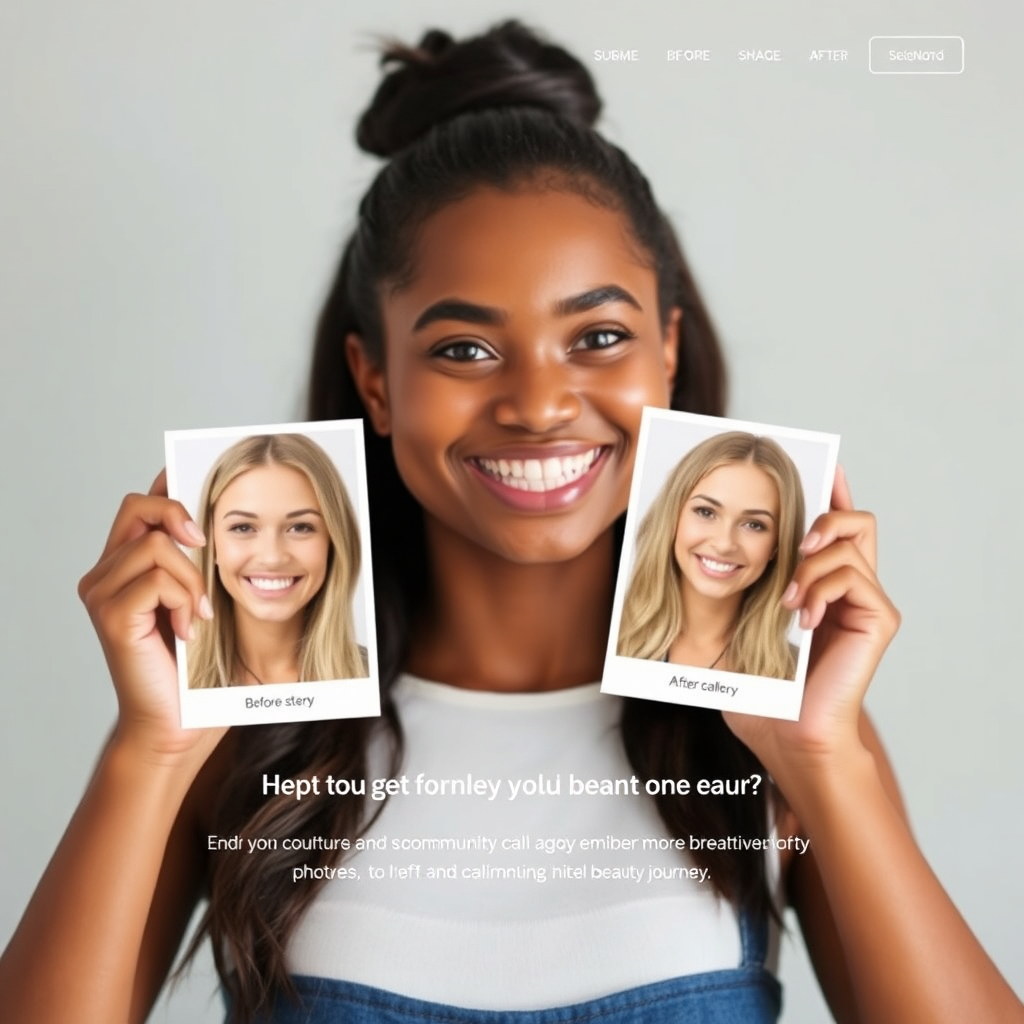 A person smiling proudly as they upload their before and after photos to the Beauty viki gallery. The website features a user-friendly interface for submitting photos and sharing personal stories. The overall message is one of community empowerment and celebrating individual beauty journeys.