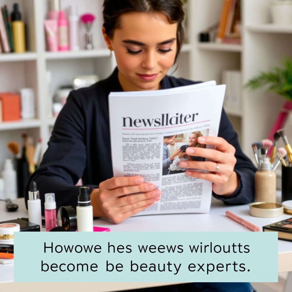 A person studying a newsletter from the Beauty viki archive. The person is surrounded by various beauty products and tools, suggesting a deep dive into the world of beauty. The background is a clean and organized study space, emphasizing the focus on learning and expanding knowledge. The overall message is one of empowering viewers to become beauty experts through the resources provided by Beauty viki.