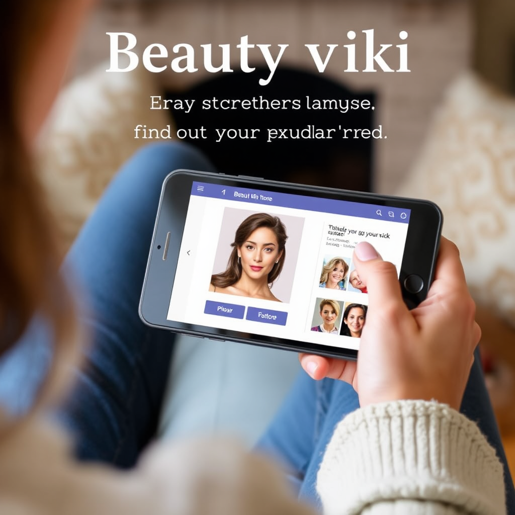 A person using a smartphone or tablet to access the Beauty viki shade finder tool. The screen displays a user-friendly interface with options to upload a photo or answer questions about their skin tone. The background is a cozy and inviting setting, suggesting the convenience of finding your perfect match from home. The overall message is one of accessibility and ease of use.
