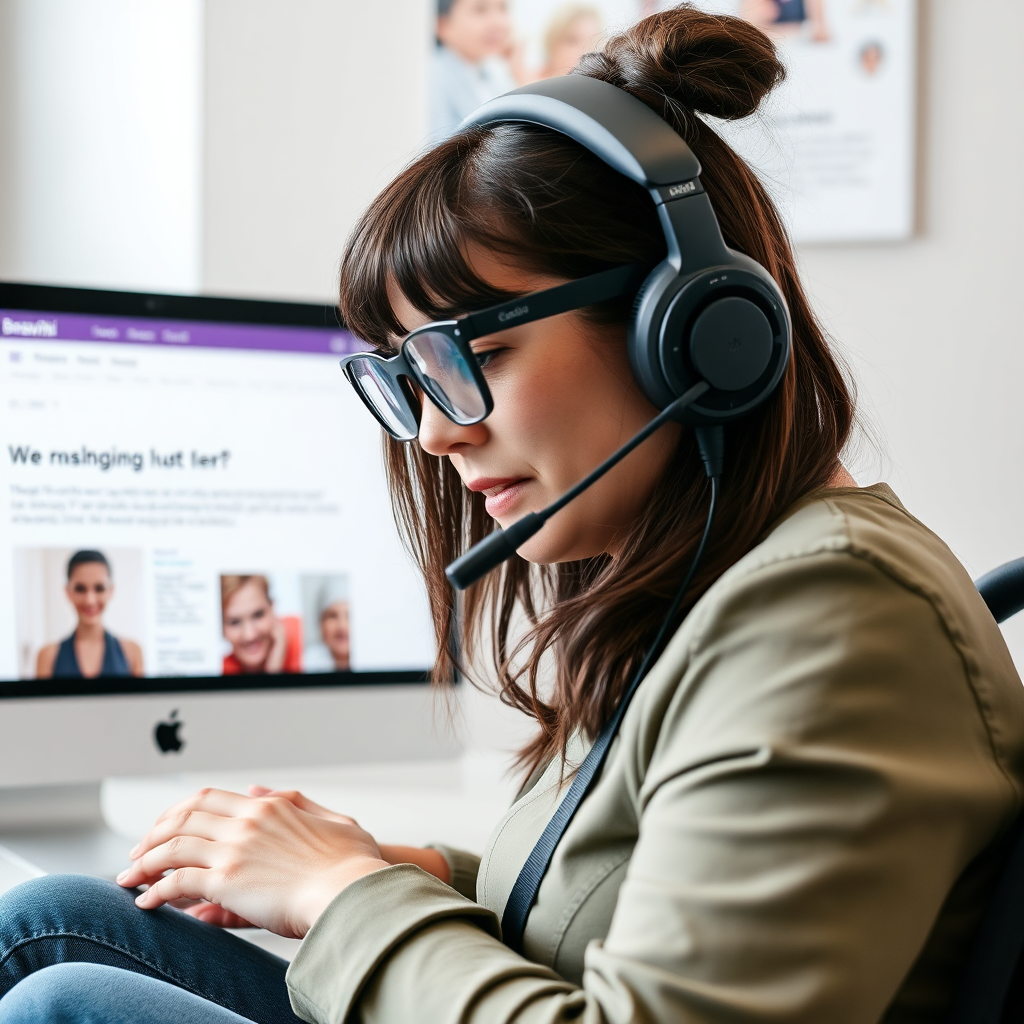 A person using assistive technology (e.g., a screen reader) to navigate the Beauty viki website. The website is designed with accessibility in mind, featuring clear fonts, high contrast, and alternative text for images. The background is a supportive and inclusive environment, emphasizing the commitment to accessibility.