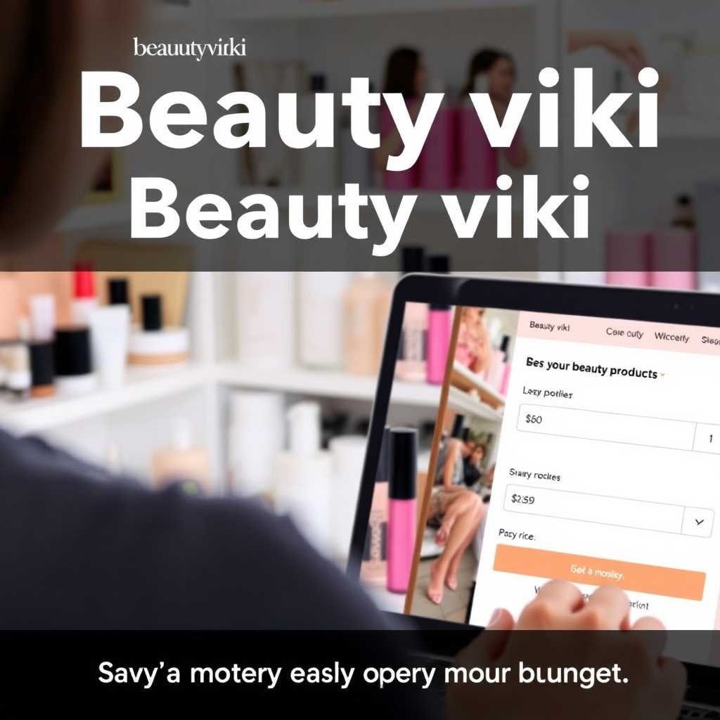 A person using the Beauty viki website to set up price alerts for their favorite beauty products. The website features a user-friendly interface with options to track specific products and receive notifications when the price drops. The background is a clean and organized beauty collection, suggesting the satisfaction of saving money on your must-have products. The overall message is one of smart shopping and maximizing your budget.