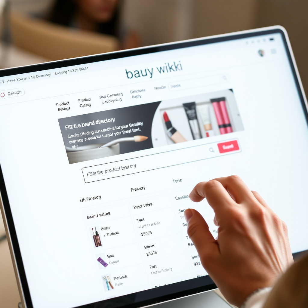 A person using the Beauty viki website to search and filter the brand directory. The website features a user-friendly interface with options to filter by product category, price range, and brand values. The overall message is one of efficiency and easily finding your preferred beauty brands.