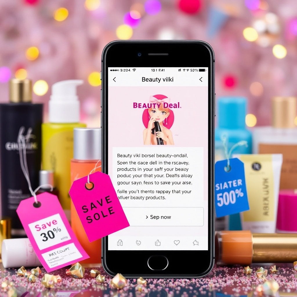 A phone displaying a notification of a beauty deal from Beauty viki. Surrounding the phone are various beauty products with price tags displaying discounted prices. The background is a festive and celebratory scene, suggesting the excitement of finding a great deal. The overall message is one of convenience and saving money on your favorite beauty products.